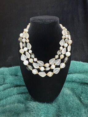 Vintage West Germany White & Gold Beaded Statement Necklace